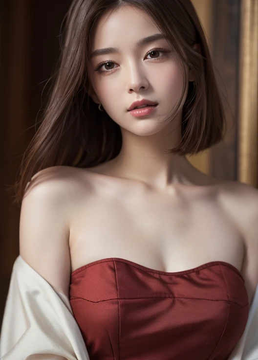 realistic, Highly Detailed CG Integrated 8 thousand Dendenden Wallpapers, Detail, High quality RAW color photos, professional photography, (8 thousand, RAW photos, best quality, table top: 1.2), (realistic, realistic: 1.37), Highres, High, High 품질, High품질 감독자, Detail, hyper, Detail, ultra High definition, Super facial, Detail, 얼굴 make-up, pale face, red lips, 8 thousand, chinese makeup, exquisite makeup, open shoulder, (Circlelands), big bust, colorful eye makeup, long wavy hair, (벌어지고 처진 big bust:1.2), show me your chest, look straight ahead, portrait,