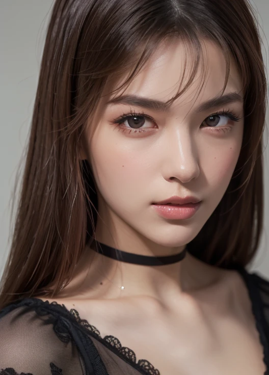 (Best Quality) , 8k, high resolution, photorealistic:2.0, Hannah Dodd, smiling mischievously at the camera, Super high image quality and sharpness, (Best Quality) , 8k, high resolution, photorealistic:2.0, Ultra detailed face, black painted eyes, mouth painted dark red, Masterpiece,