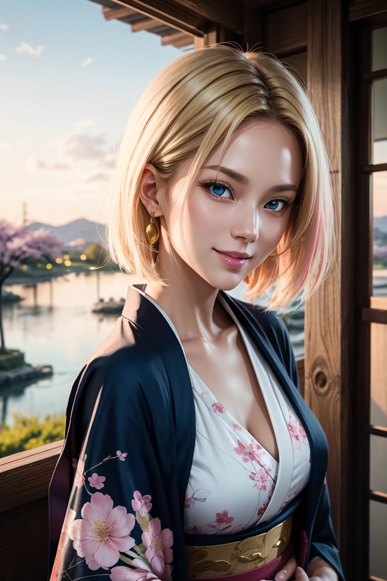 No.18,Dragon Ball Z,One-length hair,beautiful white blond hair, beautiful blue eyes ,PINK LIPS,white skin,in a sakura-colored kimono studded with beautiful gold leaf,smile,Ultra HD,super quality,masterpiece,dslr,photorealistic, Detailed Details,Vivid details,drawn in detail,Detailed face, Detailed Details,Super Details,realistic skin texture that shows through the whole body, colorful candy room ,perfect anatomy,anatomically correct hands,anatomically correct finger,complex 3d rendering,Mysterious cherry blossom blizzard,sunset,Beautiful Dusk,Beautiful Scenery of Japan,Hair fluttering in the breeze,Beautiful like a painting,takes pictures of Hirose's whole body,9 heads,
