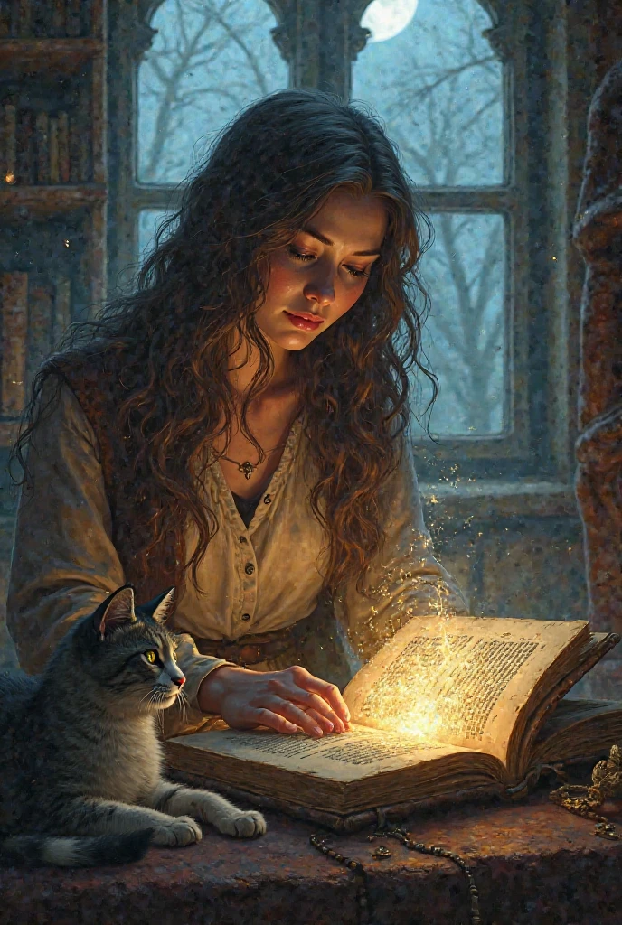 Sarah reads the strange ancient book found in the library. Miso lies next to. Outside the window, full moon.
The book suddenly glows, and the gate of light opens into the air.