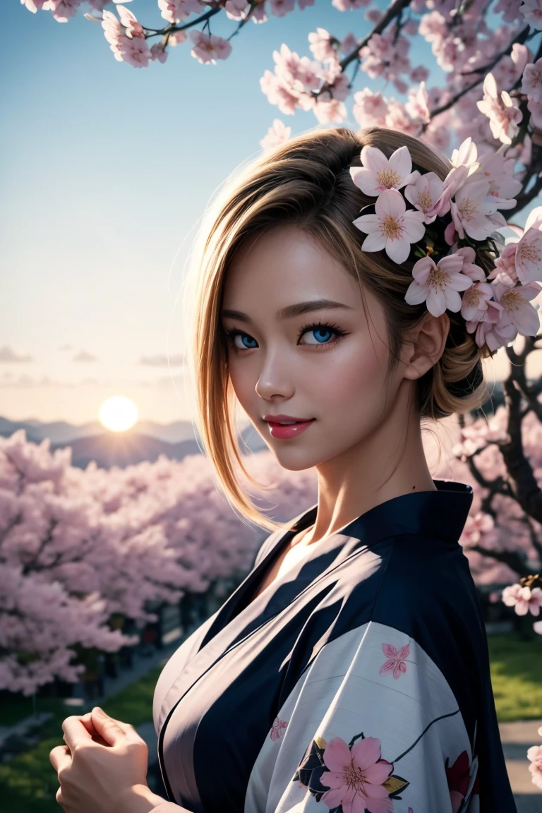 No.18,Dragon Ball Z,One-length hair,beautiful white blond hair, beautiful blue eyes ,PINK LIPS,white skin,in a sakura-colored kimono studded with beautiful gold leaf,smile,Ultra HD,super quality,masterpiece,dslr,photorealistic, Detailed Details,Vivid details,drawn in detail,Detailed face, Detailed Details,Super Details,realistic skin texture that shows through the whole body, colorful candy room ,perfect ,anatomically correct hands,anatomically correct finger,complex 3d rendering,Mysterious cherry blossom blizzard,sunset,Beautiful Dusk,Beautiful Scenery of Japan,Hair fluttering in the breeze,Beautiful like a painting,takes pictures of Hirose's whole body,9 heads,