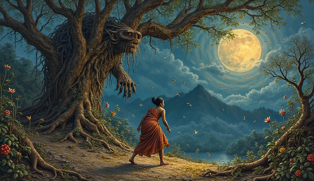 *"A terrifying Tanjore-style painting of the cosmic horror's relentless pursuit. The shadowy entity now towers at three times human height, its form constantly shifting between a hundred tragic birth memories. The laboring wife stumbles backward, her golden plea letters 'விடு' now shattered in the air as the thing's umbilical cord tentacles smash through ancient trees. Annamalai mountain bleeds black tears in the distance, its sacred power unable to intervene.*"  

**Key Details:**  
1. **The Horror Revealed:**  
   - Composed of generations of lost mothers and s  
   - Shredded wedding saris woven into its shadowy flesh  
   - Multiple arms ending in surgical tools and funeral flowers  

2. **The Wife's Exhaustion:**  
   - Protective jewelry now broken and hanging by threads  
   - Feet bleeding golden drops that sprout thorns instead of herbs  
   - Shadow splitting between running and standing to fight  

3. **Environment's Collapse:**  
   - Uprooted medicinal plants screaming silently  
   - The banyan tree's roots forming cage bars  
   - Moonlight fracturing like broken glass above them  

**Art Style:**  
- Kerala mural dynamism in the chase  
- Gold leaf ONLY on:  
  - Broken plea fragments  
  - Blood thorns  
  - Shattered moonlight  
- Hyper-realistic textures of despair  

**Lighting:**  
- Entity absorbing all light sources  
- Wife's fading glow fighting the darkness  
- Unnatural storm approaching  