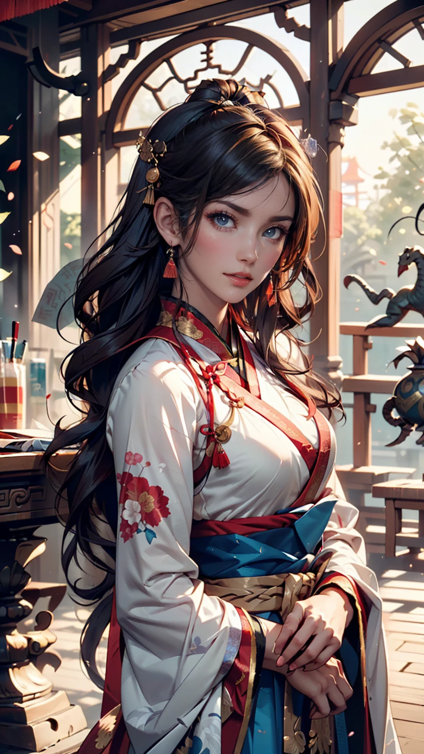 ((full body)), Samdoesarts style award-winning full body portrait of a beautiful woman, ((( Perfect Feminine Face )),(( ancient chinese clothing)), ((Chabul Hanfu)), Gazebo, complicated, (  Beautiful Details Eyes),((hairpin, Twisted Hair,  Double Ball Head)), (sunlight), Shadow graphic illustration,  digital art , art station trend in a hakama, very well detailed, detailed, complicated, artgerm、rutkowski、Alphonse Mucha's Art Style,