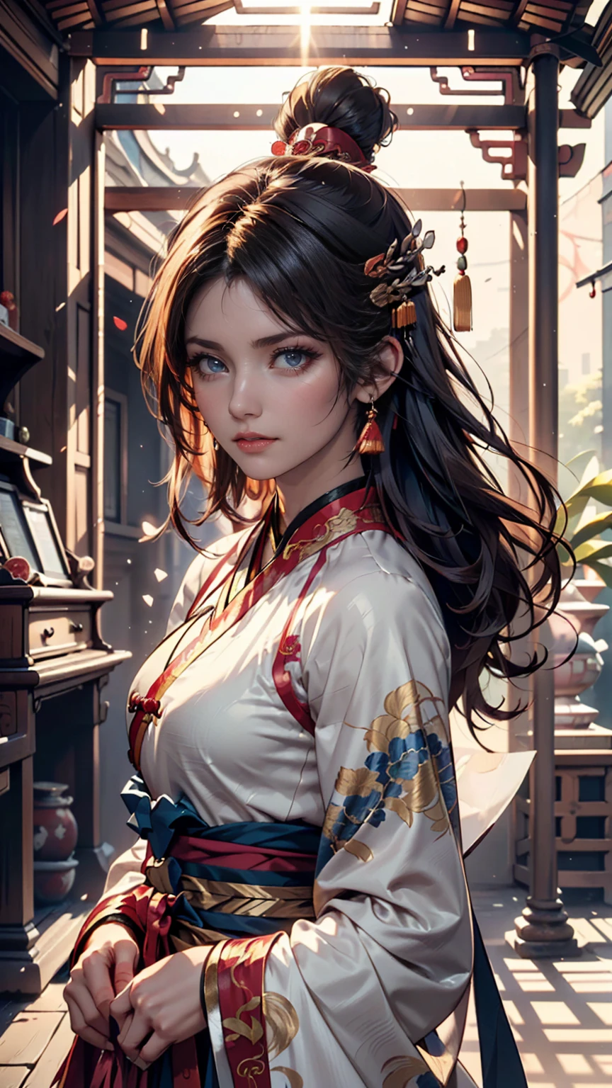 ((full body)), Samdoesarts style award-winning full body portrait of a beautiful woman, ((( Perfect Feminine Face )),(( ancient chinese clothing)), ((Chabul Hanfu)), Gazebo, complicated, (  Beautiful Details Eyes),((hairpin, Twisted Hair,  Double Ball Head)), (sunlight), Shadow graphic illustration,  digital art , art station trend in a hakama, very well detailed, detailed, complicated, artgerm、rutkowski、Alphonse Mucha's Art Style,