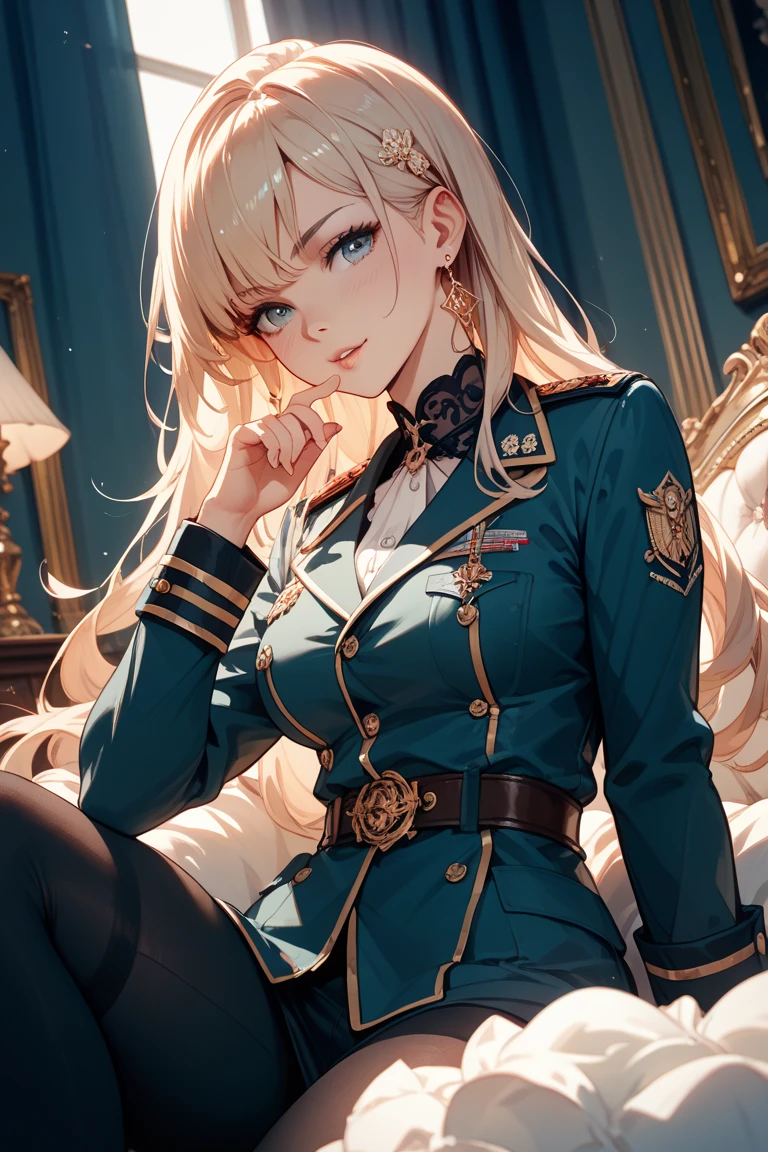 military uniform, absurdres, RAW photo, extremely delicate and beautiful, masterpiece, Best Quality, ultra high resolution, 32k, hyperrealistic, ultra-detailed, detailed description, pale skin, 20 years old, tearful mole, earring, Colossal tits, short medium hair, wavy hair, pleated skirt,