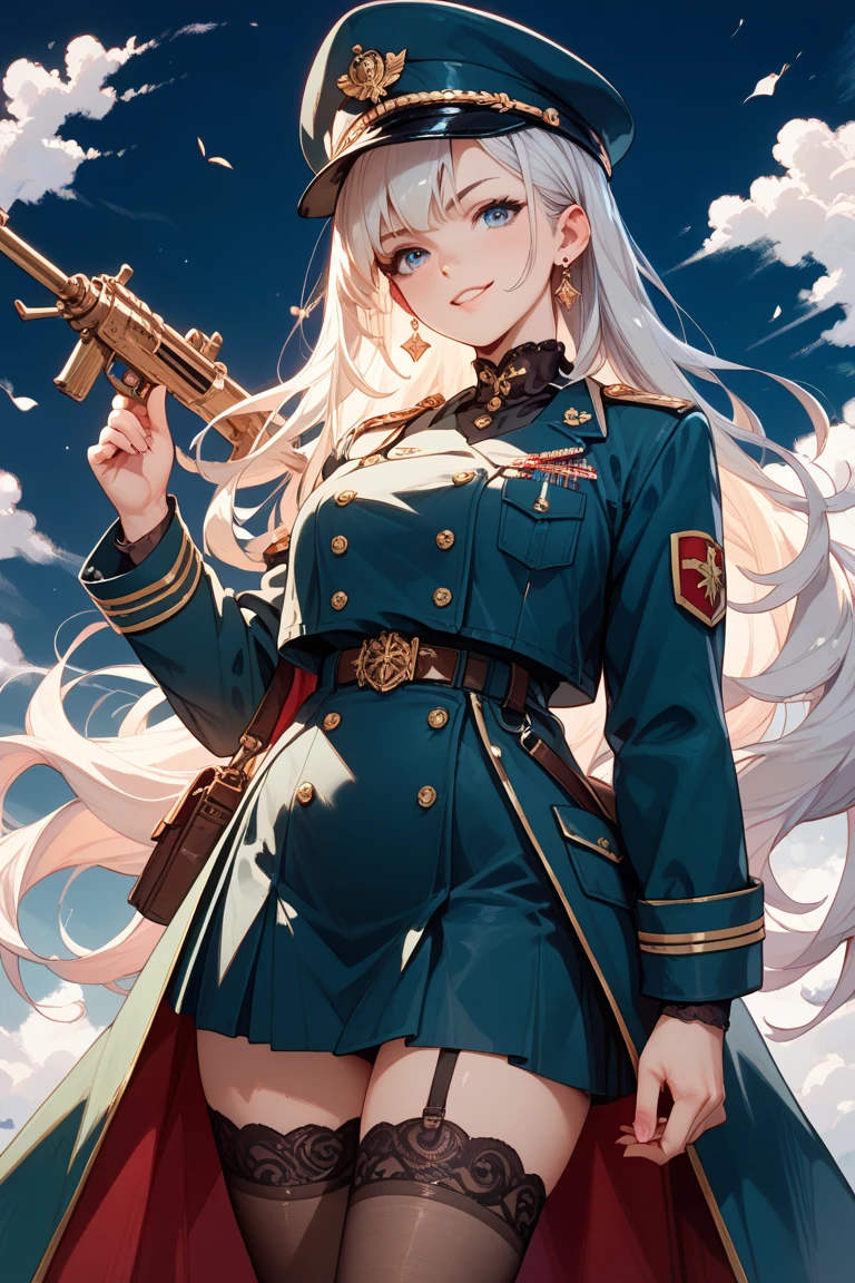 score_9_up, score_8_up, score_7_up, score_6_up, ((Masterpiece:1.3)), (best quality:1.2), abstract, 1girl, solo, long hair, looking at viewer, determined expression, subtle blush, open mouth, white hair, military-style hair accessory, thigh-highs, long sleeves, holding a vintage rifle, very long hair, poppy flower, :d, detached sleeves, wartime uniform, wide sleeves, tactical vest, dark eyes, arm up in a salute, camouflaged thigh-highs, utility belt, war-torn backdrop, blue sky with smoke clouds, detailed patterns, floral print on uniform, red poppy, distressed uniform design, weathered fan, short military jacket, retro, 90s,source_anime,detailed eyes