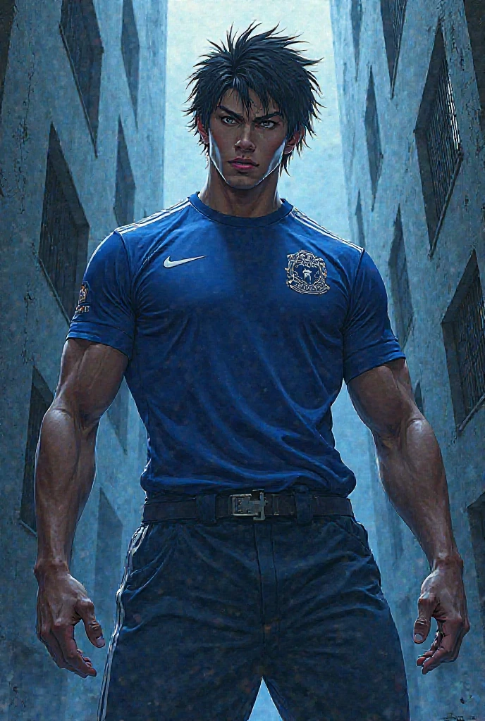 8k, masterpiece, best quality, realistic, higly detailed, cowboy shot, 1boy, solo, Fuutarou, young man, fair skin, black hair, bowl cut, two strands sticking up from the back of his head, bangs that cover his forehead, blue eyes, slim physique, tall build, tends to slouch, serious expression, scary and thuggish vibe, bad guy, Soccer Player