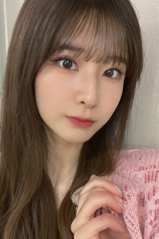 1 female, (close up of face:2.0), light brown hair, dull bangs, hair behind the ear, hair on shoulders, long hair, Extra-fine face, thin face, delicate lips, (beautiful eyes:1.5), light blush, eyes are light brown,watch here, ultra thin hands, extra thin fingers, Optimal ratio of 4 fingers and 1 thumb, white long coat, Scarf ,port area ,one person's perspective, 8K, table top, nffsw, Super detailed, high quality, 最high quality, High resolution,