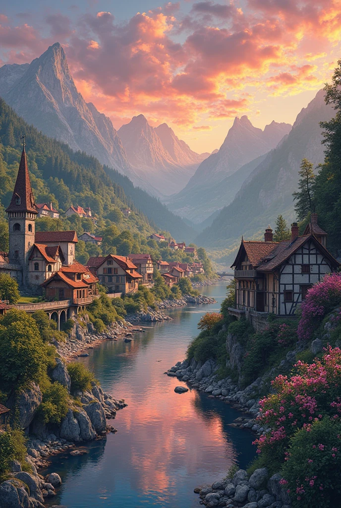 a small village by the river, mountains in the background, floral flowers colorful, detailed landscape, Beautiful natural landscapes, atmospheric lighting, scorching sunset, warm colours, practical, photopractical, Detailed Foliage, complex buildings, cobblestone street, Charming country house, swirly vibrant colors, lush vegetation, Still water reflections, Picturesque, idyllic, work of art, best qualityer, 8k, extremely detaild,anime styling