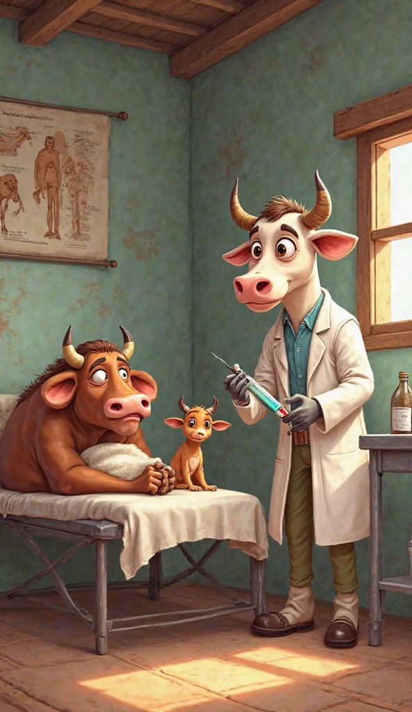 Make a female brown cow in a red dress cutting a boy's bangs with scissors and he is hornless and crying