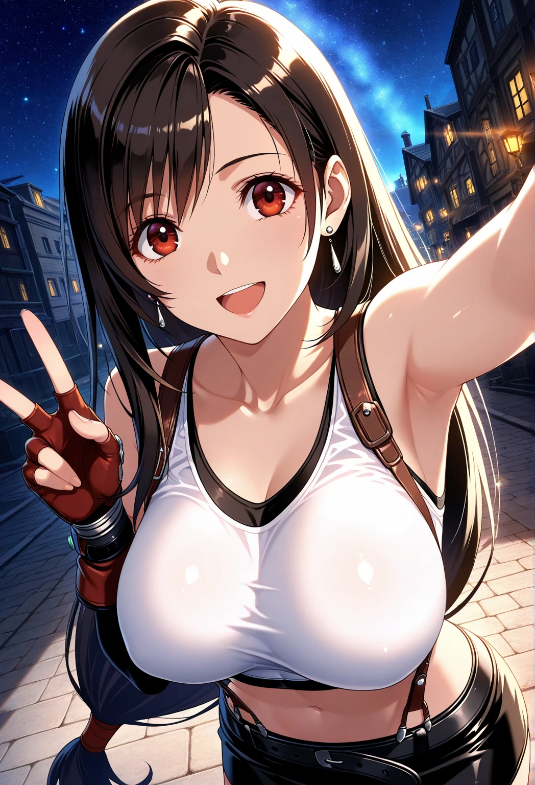 score_9, score_8_up, score_7_up,score_6, score_5,4k,BREAK , (from front:1),breast focus,standing,straight-on,,(upperbody),looking_at_viewer ,1girl, tifa lockhart, final fantasy, tareme,black hair, low-tied long hair, red eyes, bangs, white tank top, belt, pleated skirt, thighhighs, elbow fingerless gloves, elbow pads, midriff, navel,suspender skirt ,large_breasts,(light smile),Curvy waist,hands on hips,Solo,,(daytime and beachside and city),detailed skin,(best quality),(aesthetic,very aesthetic),UHD,HDR,intricate detailed,anime,highly detailed,sharp focus,depth of field,,professional lighting,cinematic lighting, ShirtUp,