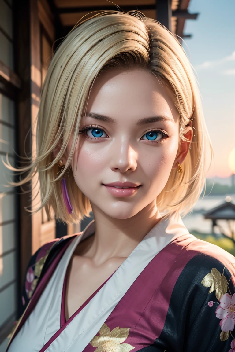 No.18,Dragon Ball Z,One-length hair,beautiful white blond hair, beautiful blue eyes ,PINK LIPS,white skin,in a sakura-colored kimono studded with beautiful gold leaf,smile,Ultra HD,super quality,masterpiece,dslr,photorealistic, Detailed Details,Vivid details,drawn in detail,Detailed face, Detailed Details,Super Details,realistic skin texture that shows through the whole body, colorful candy room ,perfect anatomy,anatomically correct hands,anatomically correct finger,complex 3d rendering,Mysterious cherry blossom blizzard,sunset,Beautiful Dusk,Beautiful Scenery of Japan,Hair fluttering in the breeze,Beautiful like a painting,takes pictures of Hirose's whole body,9 heads,