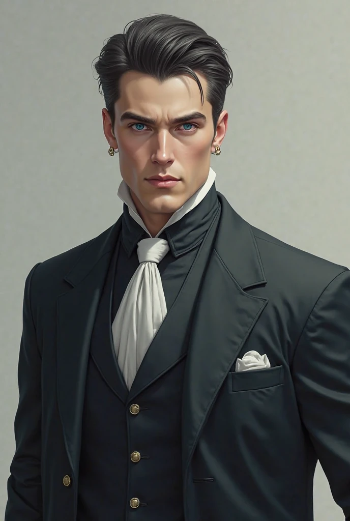 A man with sharp indigo eyes and fair skin wearing a formal suit