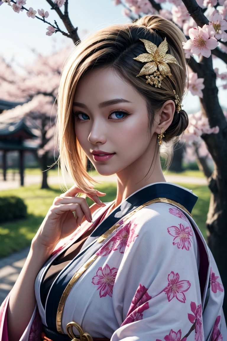 No.18,Dragon Ball Z,One-length hair,beautiful white blond hair, beautiful blue eyes ,PINK LIPS,white skin,in a sakura-colored kimono studded with beautiful gold leaf,smile,Ultra HD,super quality,masterpiece,dslr,photorealistic, Detailed Details,Vivid details,drawn in detail,Detailed face, Detailed Details,Super Details,realistic skin texture that shows through the whole body, colorful candy room ,perfect anatomy,anatomically correct hands,anatomically correct finger,complex 3d rendering,Mysterious cherry blossom blizzard,sunset,Beautiful Dusk,Beautiful Scenery of Japan,Hair fluttering in the breeze,Beautiful like a painting,takes pictures of Hirose's whole body,9 heads,