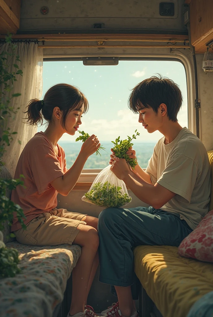 two peoples in toyota hiace van eating leafes from plastic bag