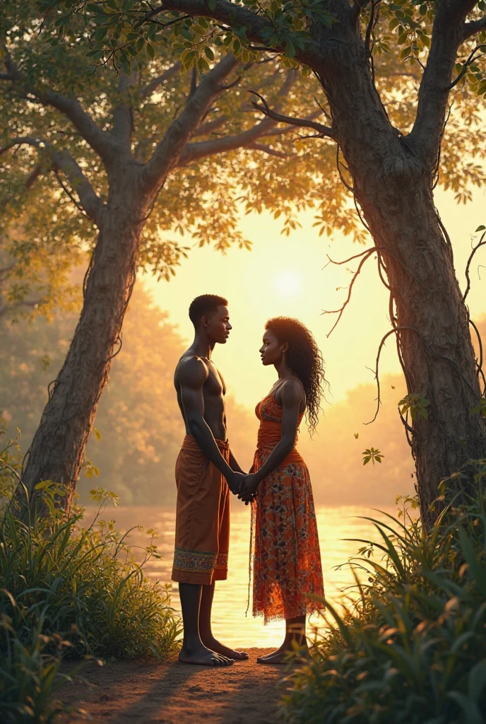 Two kamba lovers holding hands under mugumo tree at river bank