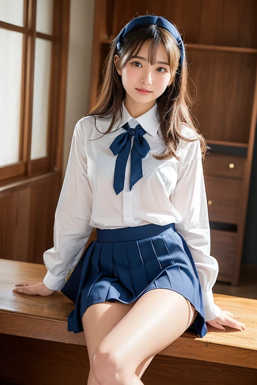 (Sillamäe:1.5), A slender, masterpiece, top-quality, Raw foto, Photorealsitic, faces, Incredibly absurd, beautiful a girl, cute little,Short messy hair, depth of fields, hight resolution, ultra-detailliert, finely detail, ighly detailed, extremely detailed eye and face, Sharp pupils, Realistic pupils, foco nítido, Cinematic lighting,Schoolgirl Uniform、Sheer white shirt、Navy blue ribbon at the collar、Dark blue pleated micro mini、appearance々Sexy Poses、White panties are visible from the skirt、20 years girl、Lift the hem of the skirt with both hands to show panties、is looking at the camera、summer clothing