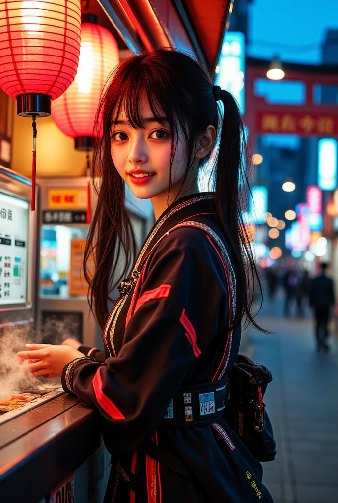 Medium shot from a slight side angle, capturing relaxed body posture and warm expression  
A Japanese girl in a modern cyberpunk kimono-style outfit, casually leaning against a glowing food stall in a narrow neon-lit street. She has sleek black twin tails adorned with digital ornaments, and wears a layered short kimono jacket with neon trim, utility straps, and metallic accents. Her arms are crossed on the edge of the stall, head tilted slightly as she smiles openly toward the viewer or a vendor. The glow of red paper lanterns and vending machines reflect softly on her face and clothes.  
Photorealistic digital art  
Ultra-high resolution, warm facial expression, soft shadowing around the jaw and eyes, glowing fabric edge details  
Inspired by Ghost in the Shell, Japanese cyberpunk cityscapes, and expressive anime-style candid scenes  
Background: traditional-style ramen or takoyaki stall with steam rising from the grill, handwritten menus lit by flickering bulbs, distant torii gate and overhead cables  
Main color theme: crimson red, deep indigo, warm lantern orange, soft neon blue highlights  
Lighting from red lanterns above, orange stall light from below, cool ambient glow from street signs behind  
Photorealistic, ultra detailed, cinematic sci-fi street candid, soft bokeh in background, HDR rendering, best image:1.5