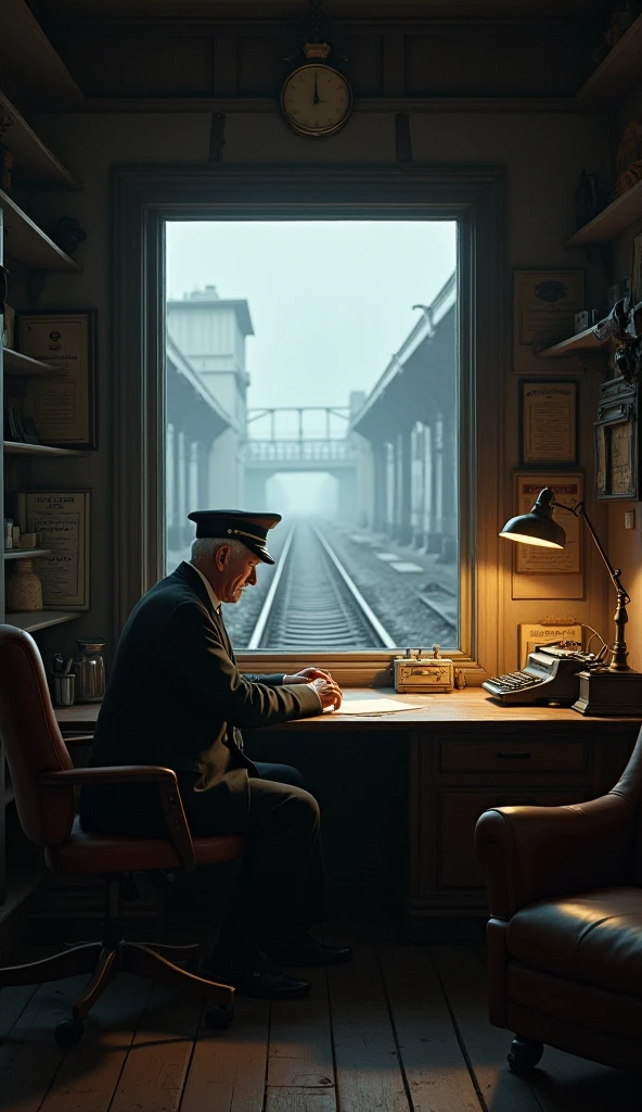 A vintage-style railway station office at dawn, an old station master writing a report, an eerie vibe in the background, empty train tracks.
