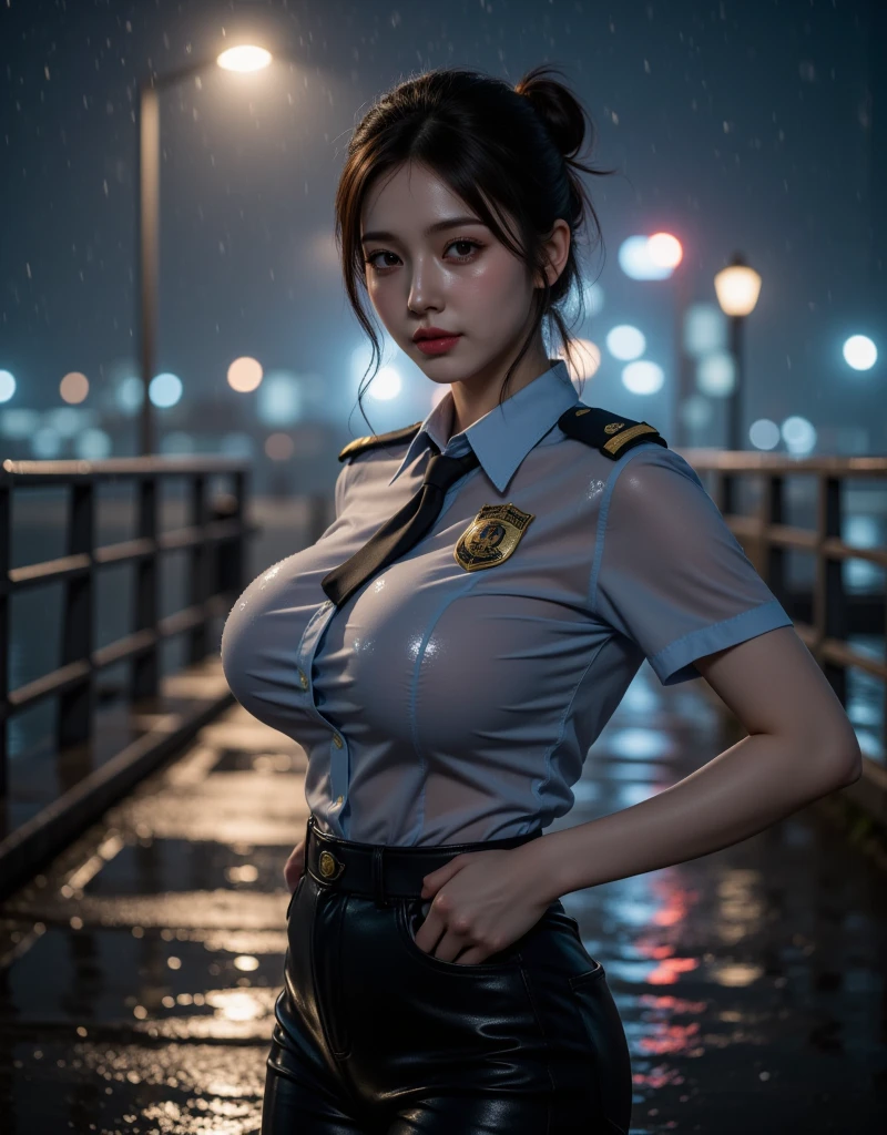 a woman that is standing in the rain, skydoll noa, wet shirt, 8 k realistic hyper detailed, large breasts, traffic police woman, realistic schoolgirl, gogo : :, human :: sorceress, korean, big puffy lips, heavily armed, blue tie, ghailan!