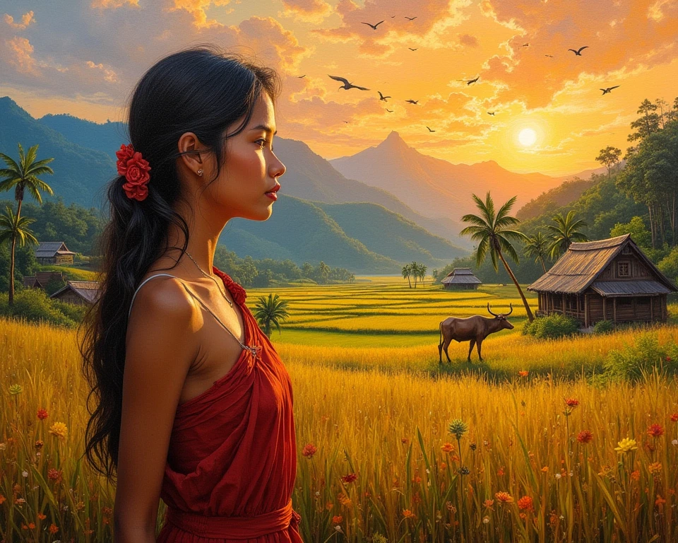 impasto oil painting, impressionistic, warm sunset, golden lighting, south-east asian scene, indonesian,, head to shoulder potrait of young indonesian woman with  Paddy fields on hillsides in Indonesia background,  buffalo, river, birds, wood house, coconut tree, tropical hillI, mpressionism, Cinematic, Romanticism, 