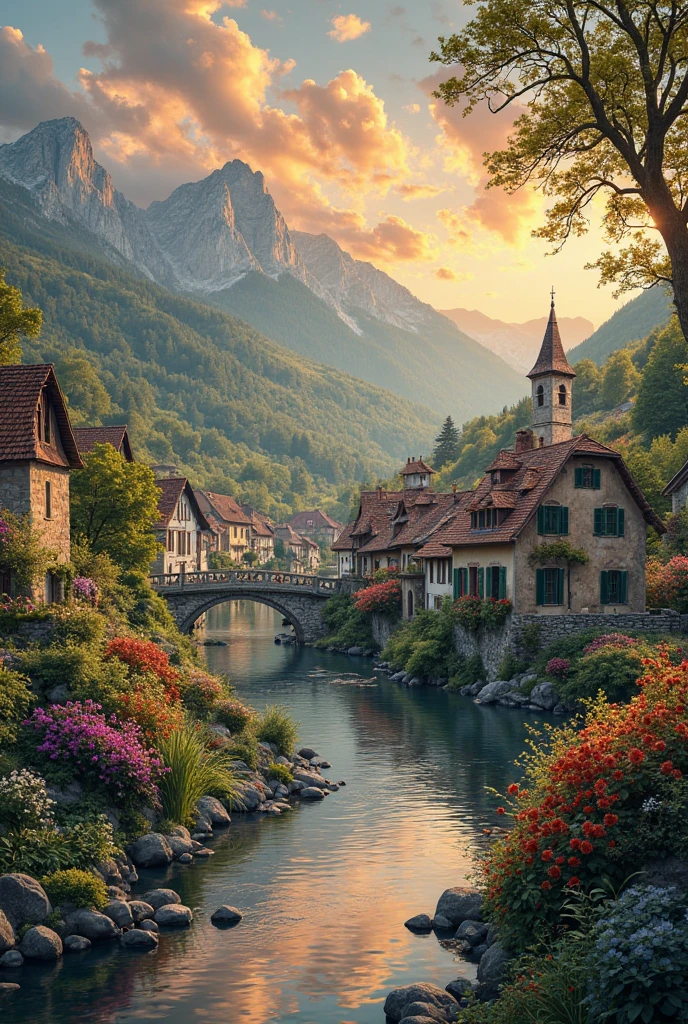 a small village by the river, mountains in the background, fleurs florales colorées, detailed landscape , Beaux paysages naturels, atmospheric lighting, coucher de soleil brûlant, warm colors, pratique, photorealistic, Detailed foliage , complex buildings, Cobblestone street, Charming country house, bright swirling colors, lush vegetation, Reflections of still water, Pittoresque, idyllique, work of art, best quality, 8k, Extremely detailed, style anime.
