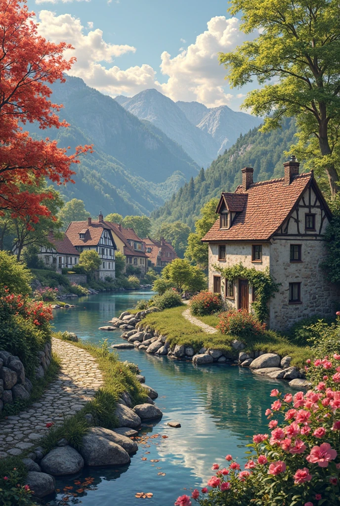 a small village by the river, mountains in the background, fleurs florales colorées,  detailed landscape , Beaux paysages naturels, atmospheric lighting, coucher de soleil brûlant, warm colors, pratique, photorealistic, Detailed foliage ,  complex buildings, Cobblestone street, Charming country house, bright swirling colors, lush vegetation,  Reflections of still water, Pittoresque, idyllique,  work of art, best quality, 8k, Extremely detailed, style anime.