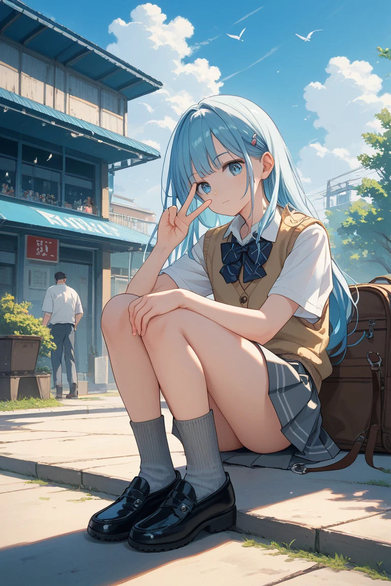 (masterpiece, highest quality), High resolution, detailed face:1.2, anime(1.2), sharpness, 4K, woman posing for a photo, Flustered face, upset, open your mouth, embarrassing, long hair, green hair, straight hair, fine skin, beautiful hands, Beautiful fingers, Wearing a beret, tie, Blouses with short sleeves, pleated skirt, school bag, thighs, Absolute area, knee socks, thighsに手を入れる, during the day, hot summer day, School, schoolyard, sitting on the bench, Canned juiceを持つ, natural lighting, sharp focus, hasselblad photography, cinematic lighting, whole body, Canned juice, 