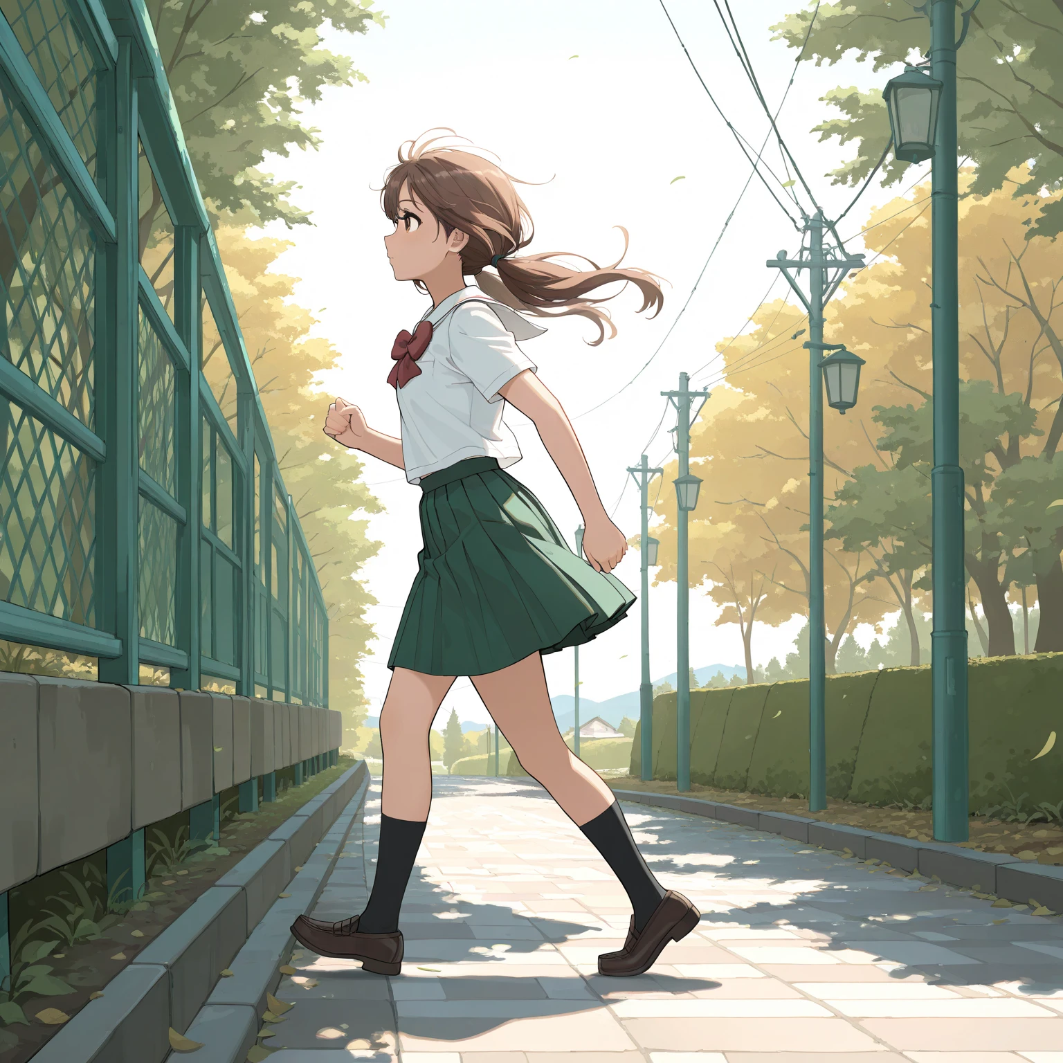 High resolution,Super detailed,Best Quality,masterpiece,8K,4K,beautiful background,the best aesthetics,(flat color:0.6),  
1girl,brown_hair,low_twintails,brown_eyes,school_uniform,  
running,on a riverside path,side view,from a distance,solitary atmosphere,wind in hair,green uniform,white blouse,pleated skirt,daylight,sunny,slightly dramatic lighting