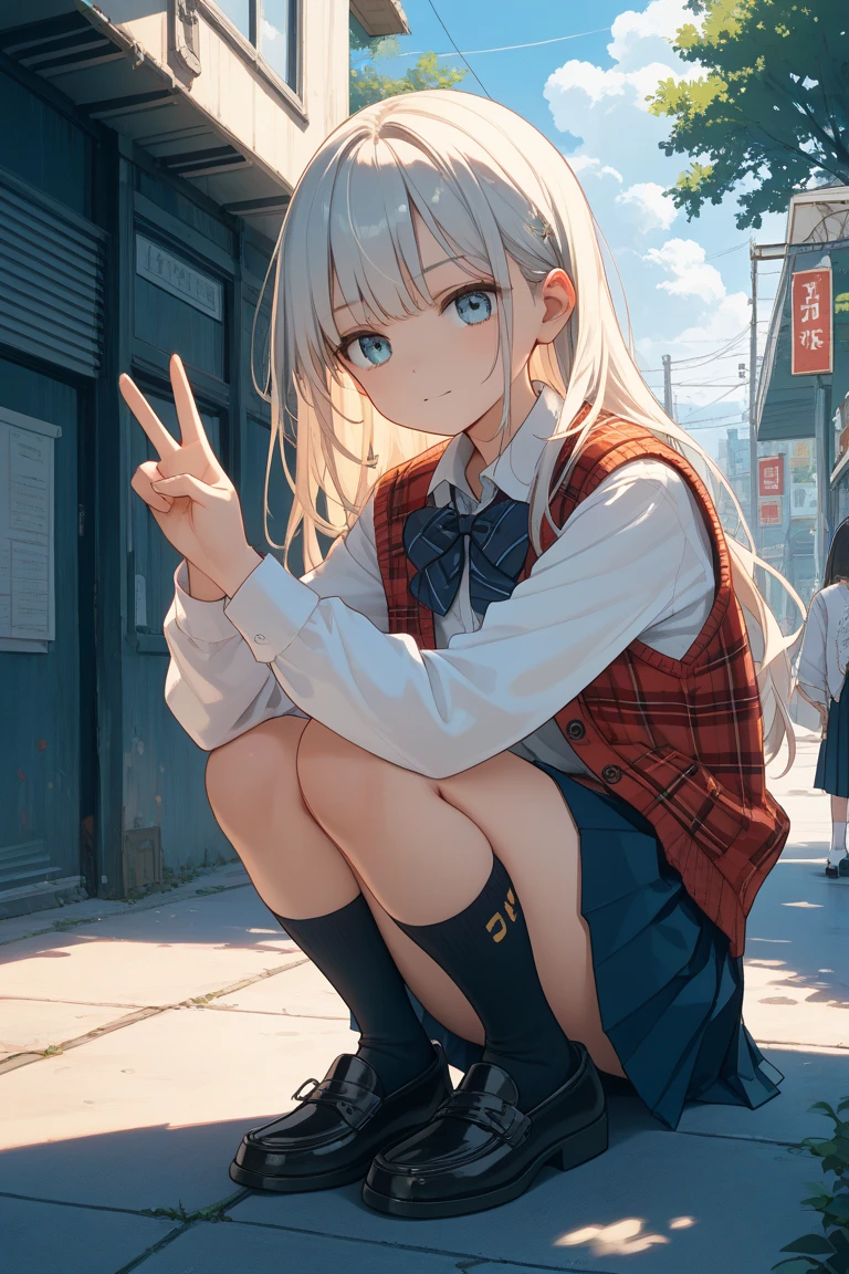 ((Perfect Anatomy:1.3,Realistic:1.3,RAW Photos:1.3,masterpiece、highest quality、Ultra - High resolution、High resolution、Highly detailed CG、8k)),Cowboy Shot. 1 female,alone,18-year-old、high school girl,beautiful girl,((Beautiful Eyes:1.2,Big Beautiful Eyes:1.3,)),Platinum Blonde,Long Hair,(Center parted hair:1.4,amount),Small Head:1.3,((Provocative smile)),thin,((Dark brown skin:1.6)),(Oily skin,Glowing Skin,Shiny skin,(school uniform、Dark blue blazer jacket、Checkered pleated mini skirt,White socks,Black Loafers),(Show viewers white panties),Beautiful legs,squat. The background is a dirty back alley、((dark)),((At night))、Tokyo.