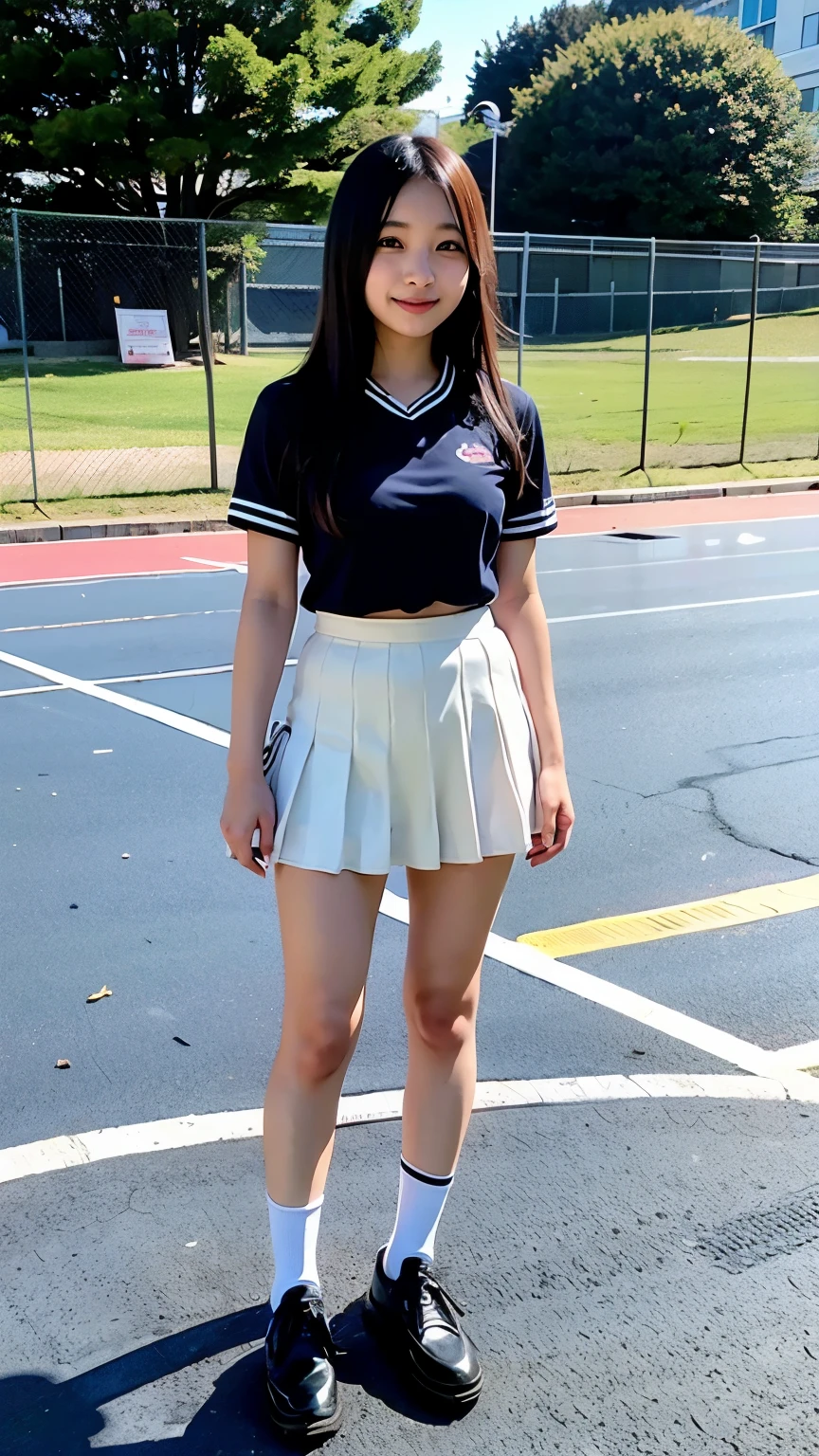 Realistic looking school girl with white hair and with gym clothes on