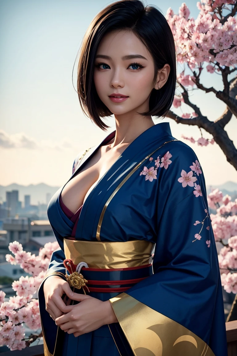 No.18,Dragon Ball Z,One-length hair,beautiful white blond hair, beautiful blue eyes ,PINK LIPS,white skin,in a sakura-colored kimono studded with beautiful gold leaf,smile,Ultra HD,super quality,masterpiece,dslr,Photorealistic, Detailed Details,Vivid details,drawn in detail,Detailed face, Detailed Details,Super Details,realistic skin texture that shows through the whole body, colorful candy room ,perfect ,anatomically correct hands,anatomically correct finger,complex 3d rendering,Mysterious cherry blossom blizzard,sunset,Beautiful Dusk,Beautiful Scenery of Japan,Hair fluttering in the breeze,Beautiful like a painting,takes pictures of Hirose's whole body,9 heads,