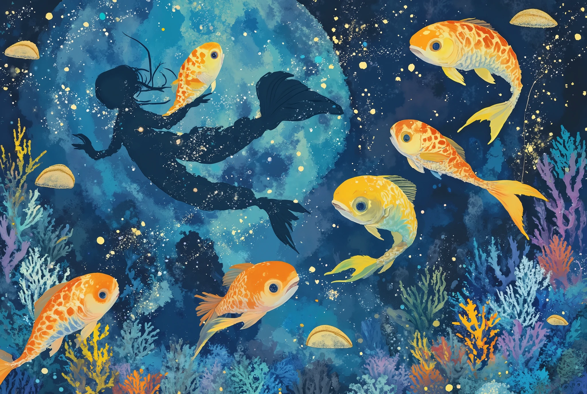 (masterpiece:1.2,top quality, super high definition ,Super Detail,best illustration),Pisces that rise in the dark of the deep sea”,(countless luminescence fish shine like stars、depicts beautiful mermaid silhouettes),'Mermaids swim gracefully、hair and tail fins are connected by a line of stars),(light oozes out like constellations in the ocean、Jellyfish and corals shine lightly in the background),(fantastic:1.5),(Mysterious:1.5),(Artistic :1.5),(Glow effect:1.6),(Underwater planetarium),(watercolor)
