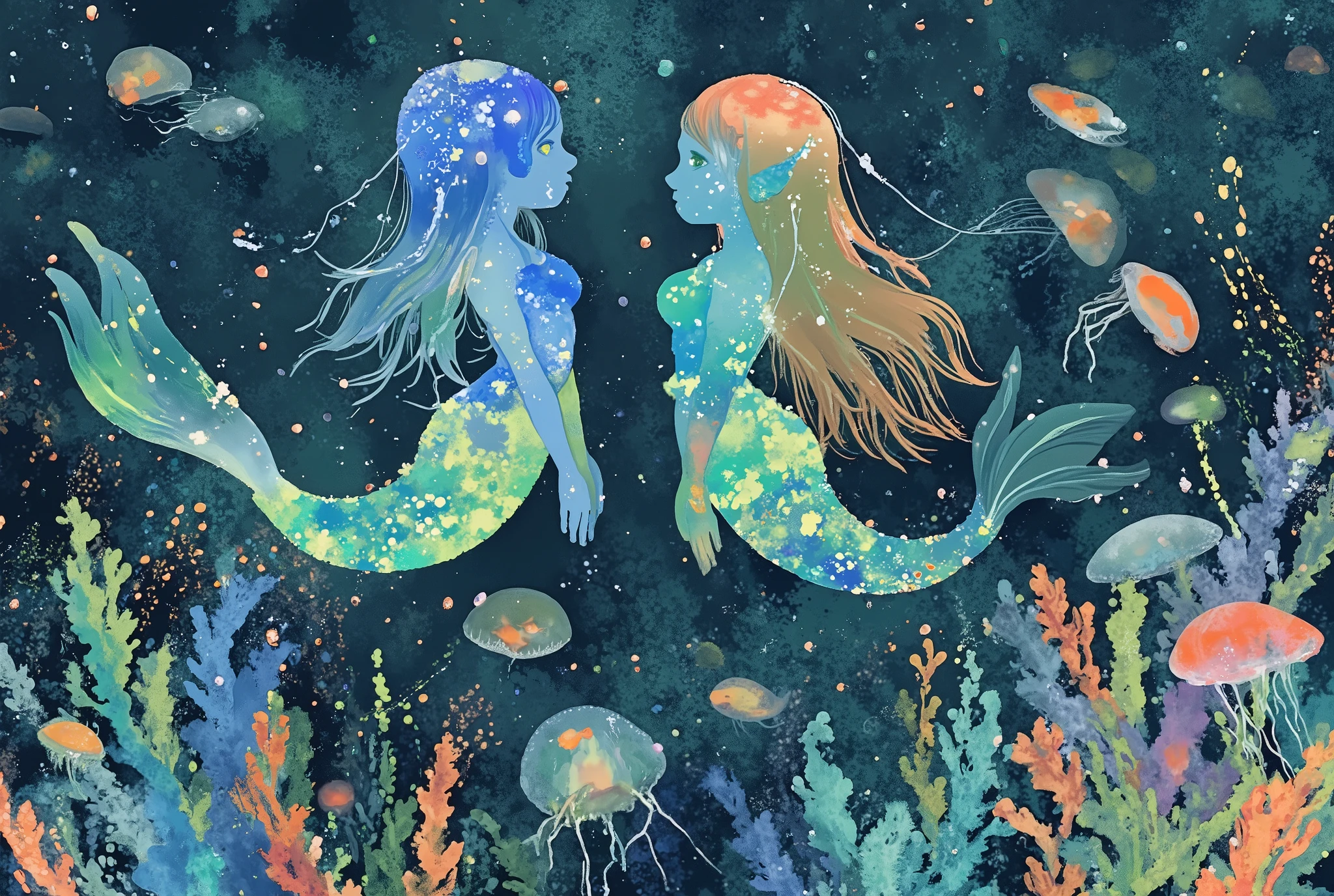 (masterpiece:1.2,top quality, super high definition ,Super Detail,best illustration),Pisces that rise in the dark of the deep sea”,(countless luminescence fish shine like stars、depicts beautiful mermaid silhouettes),'Mermaids swim gracefully、The hair and tail fins are connected by a line of stars),(light oozes out like constellations in the ocean、Jellyfish and corals shine lightly in the background),(fantastic:1.5),(Mysterious:1.5),(Artistic :1.5),(Glow effect:1.6),underwater planetarium style,watercolor