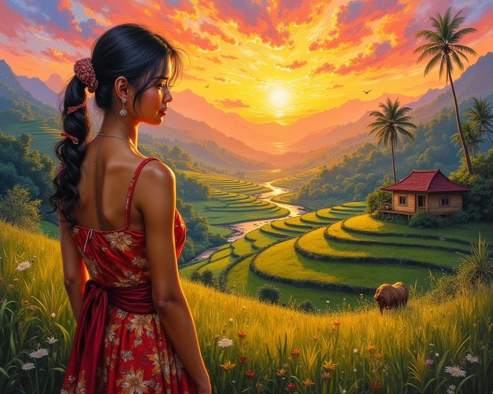 impasto oil painting, impressionistic, warm sunset, golden lighting, south-east asian scene, indonesian,, head to shoulder potrait of young javanese woman with  Paddy fields on hillsides in Indonesia background,  buffalo, river, birds, wood house, coconut tree, tropical hillI, mpressionism, Cinematic, Romanticism, 