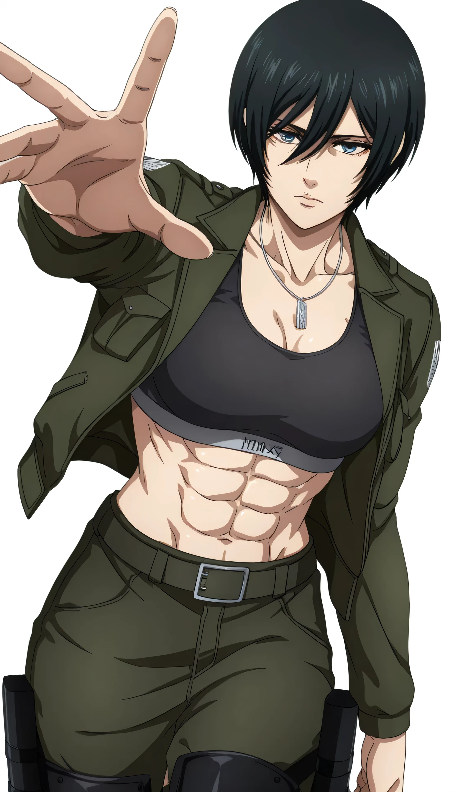 anime coloring, anime screencap, mikasa ackerman, 1girl, solo, short hair, black hair, towards viewer, badass, closed mouth, open green jacket black sport bra and black loose military trouser with belt, standing, cowboy shot, reaching towards viewer,, white background, simple background, masterpiece, best quality, highres, very aesthetic, very awa, newest, amazing details, intricate details, ultra detailed, pelvis muscles,tone six-pack,athletic and tone,lean,abs,necklace,black combat boots,