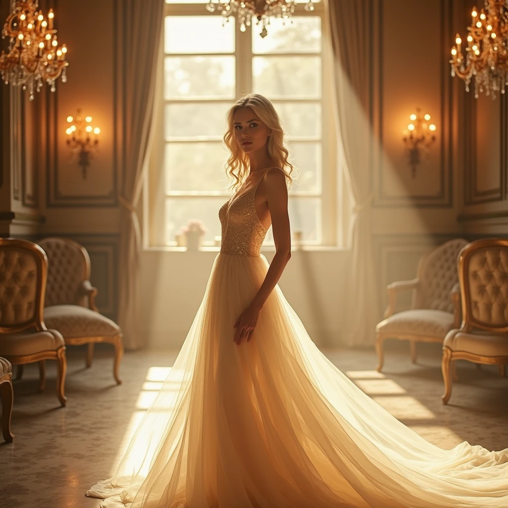 Create an image of a stunning blonde woman posing in an elegant and serene setting. It is situated in a spacious room with classic decor., where the soft evening light enters through large windows with transparent curtains, bathing the room in a warm golden glow.

The woman is positioned in profile in front of a window, allowing the light to highlight the soft contours of your body. Her long, wavy blonde hair falls gracefully over her bare shoulders., reflecting light and adding a subtle glow. She is wearing translucent silk that glides delicately over her body., subtly revealing the natural curves of your silhouette while maintaining an air of elegance and mystery.

His gaze is directed out the window, with a contemplative and serene expression on his face, enhancing your natural beauty and emotional depth. Your eyes are deep blue, capturing and reflecting light in a mesmerizing way. The lips are full and slightly curved in a soft, enigmatic smile..

No fundo, the room is decorated with vintage furniture: an ornate dressing table with gold details, an antique mirror that partially reflects the scene and a vase of fresh flowers adding soft touches of color to the room. The polished wooden floor adds warmth to the scene, while subtle shadows create depth and atmosphere.

The color palette of the image should be composed of warm and soft tones., like golden, creme e tons pastel, creating an atmosphere of tranquility and luxury. The texture and details of silk, of furniture and accessories must be captured in high definition, emphasizing the tactile and visual quality of each element in the scene.

The overall composition of the image should exude elegance., grace and timeless beauty, evoking feelings of calm and wonder."