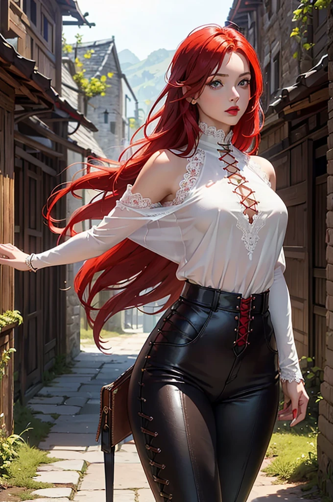 1woman,redhead,((((Red hair with silver highlights)))),ginger,green eyes,fine face,fine lips,(British descent),((((muscular)))),(((long hair))),wavy hair,cottage blouse,white blouse,cleavage blouse,Victorian blouse,lether pants,long boots,lether boots,Slouchy over-the-knee brown boots,brown boots