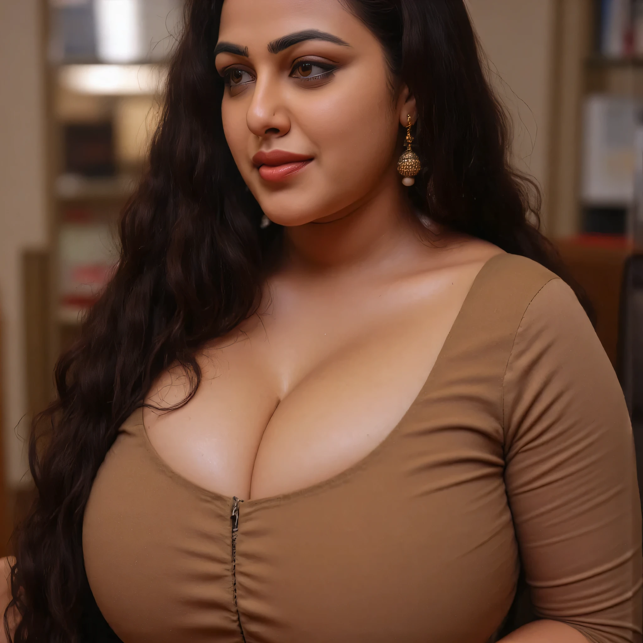 busty girl, deep cleavage , earrings, red sindhoor, hot hot