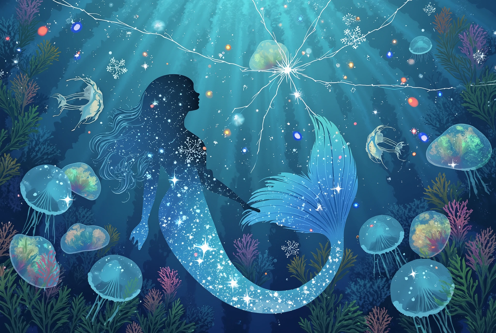 (masterpiece:1.2,top quality, super high definition ,Super Detail,best illustration),Pisces that rise in the dark of the deep sea”,(countless luminescence fish shine like stars、depicts beautiful mermaid silhouettes:1.6),(Mermaids swim gracefully、The hair and tail fins are connected by a line of stars:1.3),(light oozes out like constellations in the ocean、Jellyfish and corals shine lightly in the background:1.3),(fantastic:1.5),(Mysterious:1.5),(Artistic :1.5),(Glow effect:1.6),underwater planetarium style,watercolor