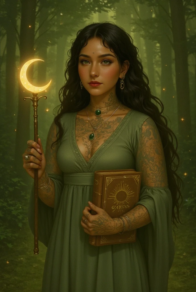 Prompt (anglais, ultra détaillé pour IA visuelle) :

*A mystical young woman stands in the heart of an ancient, enchanted forest bathed in twilight. She has warm caramel-brown skin, expressive dark eyes, and long, flowing wavy black hair with subtle silver strands, cascading down her back like a waterfall. A silver crescent moon is affixed to her forehead, symbol of lunar magic and divine wisdom. Her face and body are adorned with intricate floral and vine tattoos that seem to pulse faintly with natural energy, and small golden piercings accentuate her nose, ears, and lips.

She wears an elegant, flowing deep green dress with wide, translucent sleeves and delicate embroidery resembling leaves and blossoms. The fabric moves gently with the forest breeze. Around her neck hangs a fine silver chain holding a green gemstone pendant that glows softly.

In her right hand, she holds a tall staff topped with a luminous golden crescent moon, radiating a warm magical light and surrounded by floating golden motes. In her left arm, she cradles an ornate leather-bound book titled “Cards”, engraved with sun rays and arcane symbols on the cover — a grimoire of divination. Her fingers are adorned with silver rings, bracelets coil around her wrists, and her posture is serene yet powerful.

Behind her, the forest is bathed in green and gold tones, with soft beams of light filtering through the canopy. Tiny glowing fireflies float in the air, and faint magical sparkles linger around her. The entire scene exudes a calm, mystical, and magical atmosphere — a blend of natural beauty and arcane power.

Fantasy realism, soft ethereal lighting, highly detailed, forest background, magical glow, enchanted atmosphere, tarot witch aesthetic, divine feminine energy.*
