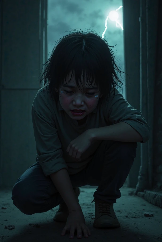 A dimly lit room with a young girl, about twelve years old, with disheveled hair and tattered clothes, scrubbing the floor. The expression on her face is one of deep sadness and exhaustion. 4k quality,
