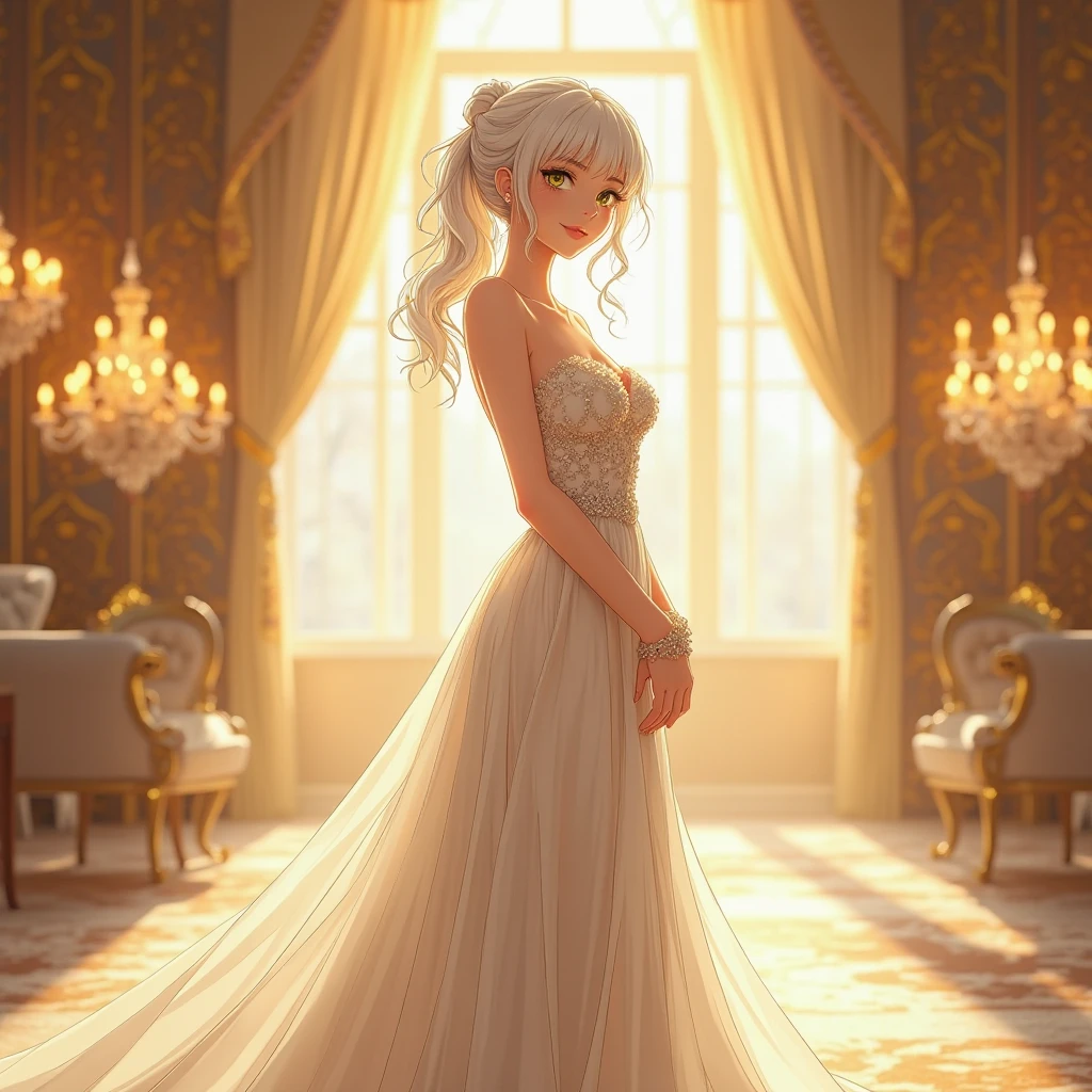 A 35-year-old anime style elegant woman with white hair standing gracefully in a golden-white wedding dress inside a luxurious indoor setting. Her pose is poised and confident, with a calm, serene expression. The dress flows softly around her, catching the golden ambient light. The background features glowing chandeliers and sunlight filtering through large windows, enhancing the warm, dreamy atmosphere. The lighting is soft and radiant, gently illuminating her skin and dress with golden highlights. A subtle vignette effect surrounds her, while the color palette remains consistent with warm golds, soft beiges, and cinematic highlights, creating a sophisticated and romantic feel.


