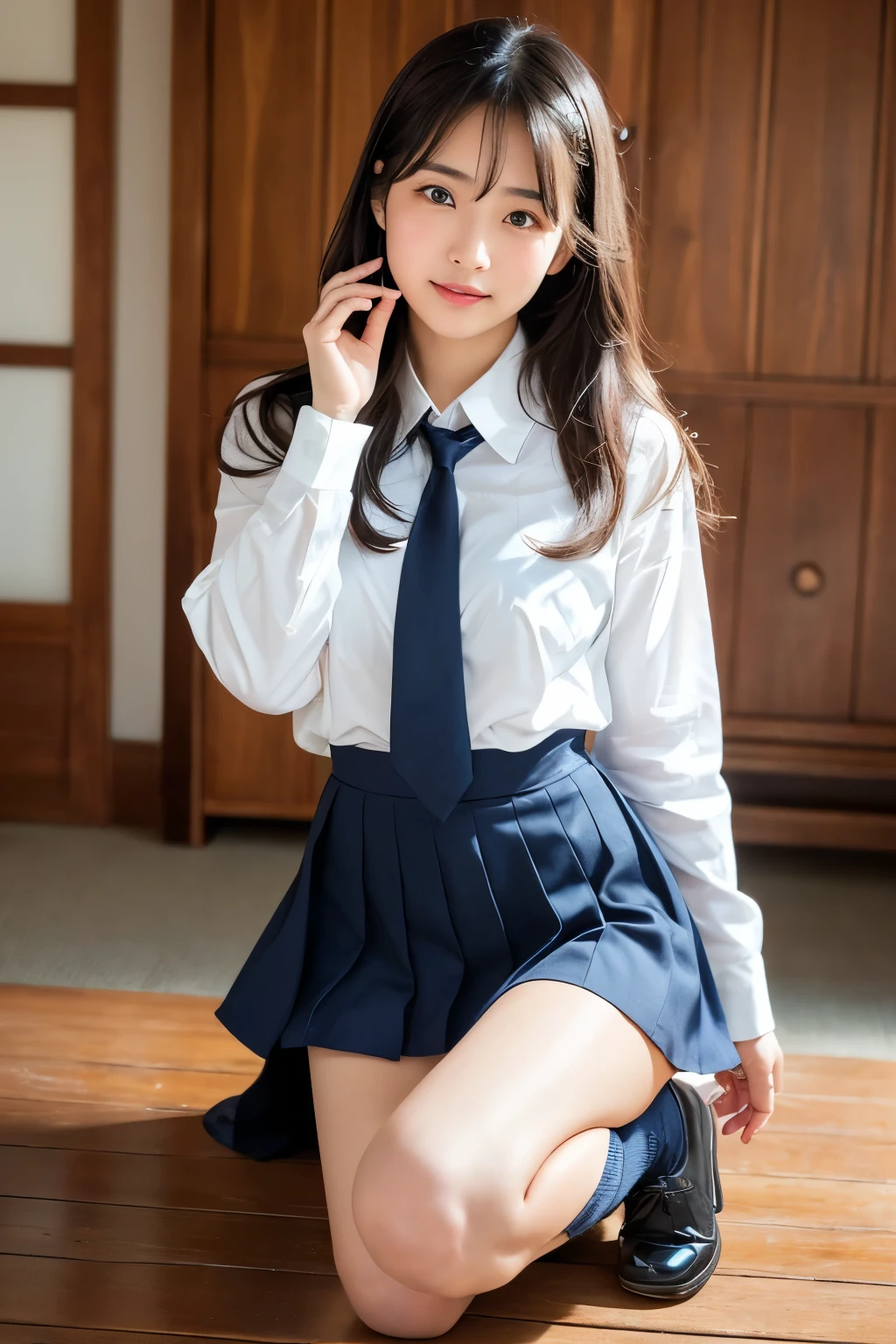 both thighs open, skirt twisted, pink panties are visible,