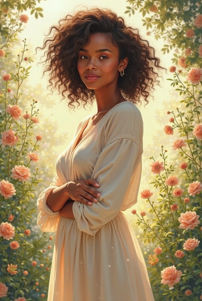 

> A woman in her mid-30s named Lisa, with warm brown skin and soft, intelligent hazel eyes. Her hair is naturally curly, worn loose around her shoulders with gentle waves catching the light. She wears a flowy, cream-colored linen dress with long sleeves and a subtle belt around the waist—simple, graceful, and effortless. She is standing in a sun-dappled garden, with flowers and greenery surrounding her, evoking peace and renewal. The camera is close, capturing a half-body pose with a closed, gentle posture—arms softly resting in front of her. She has a slight, knowing smile, the look of someone who’s been through pain but found quiet strength. Background is soft-focus, dreamy, and warm. Style: realistic illustration, warm pastel tones.

---
