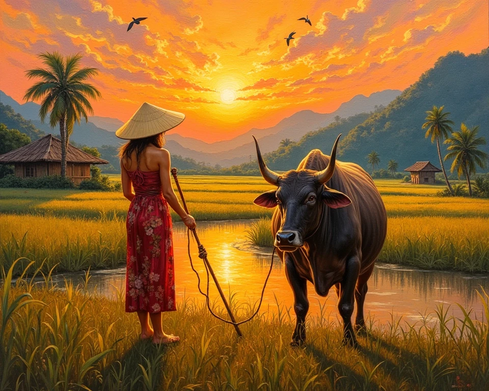 impasto oil painting, impressionistic, warm sunset, golden lighting, south-east asian scene, vietnam,, head to shoulder potrait of young vietnamese woman with buffalo at Paddy fields  background,  buffalo, river, birds, wood house, coconut tree, tropical hillI, mpressionism, Cinematic, Romanticism, 