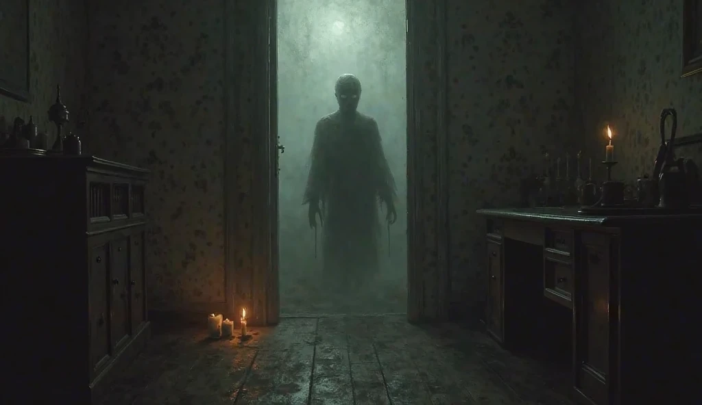 abandoned mansion, FIRST PERSON POINT of an arm holding a lamp in its hand, Inside the mansion, Scary doll smiling