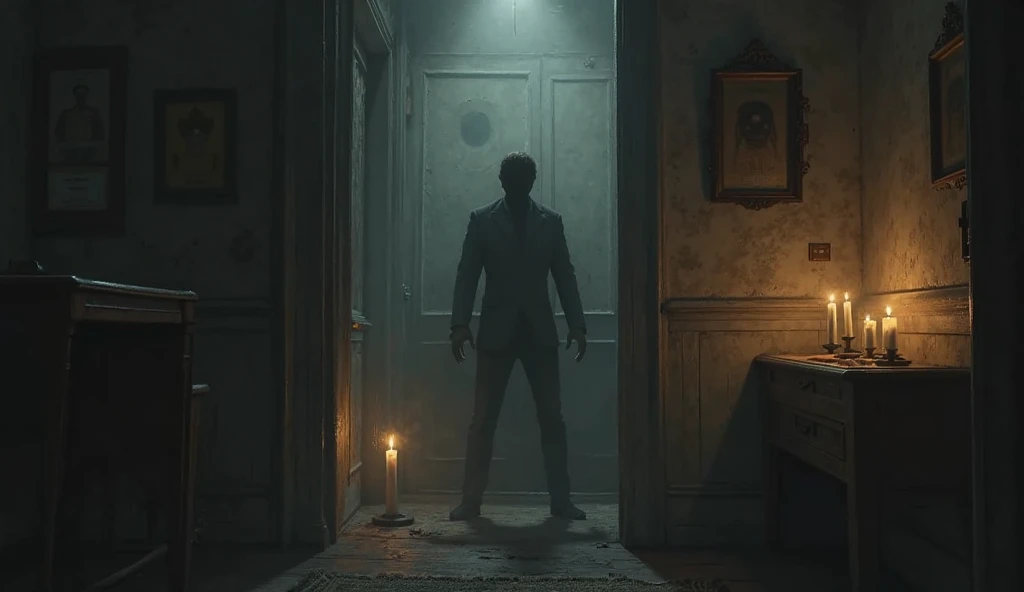 A chilling, cinematic image of a black-haired monster with a twisted, menacing face and long, flowing locks. In the background, the monster stands in a dimly lit, abandoned house, where the only source of light comes from a broken mirror with a blood-stained hand reaching out. The overall atmosphere is eerie and suspenseful, with a sense of impending doom hanging heavy in the air. The monster's eyes gleam with an otherworldly intensity, and its breathing can be heard echoing through the abandoned rooms. The image is captured in high definition, with every detail vividly brought to life - from the monster's grotesque features to the peeling wallpaper and