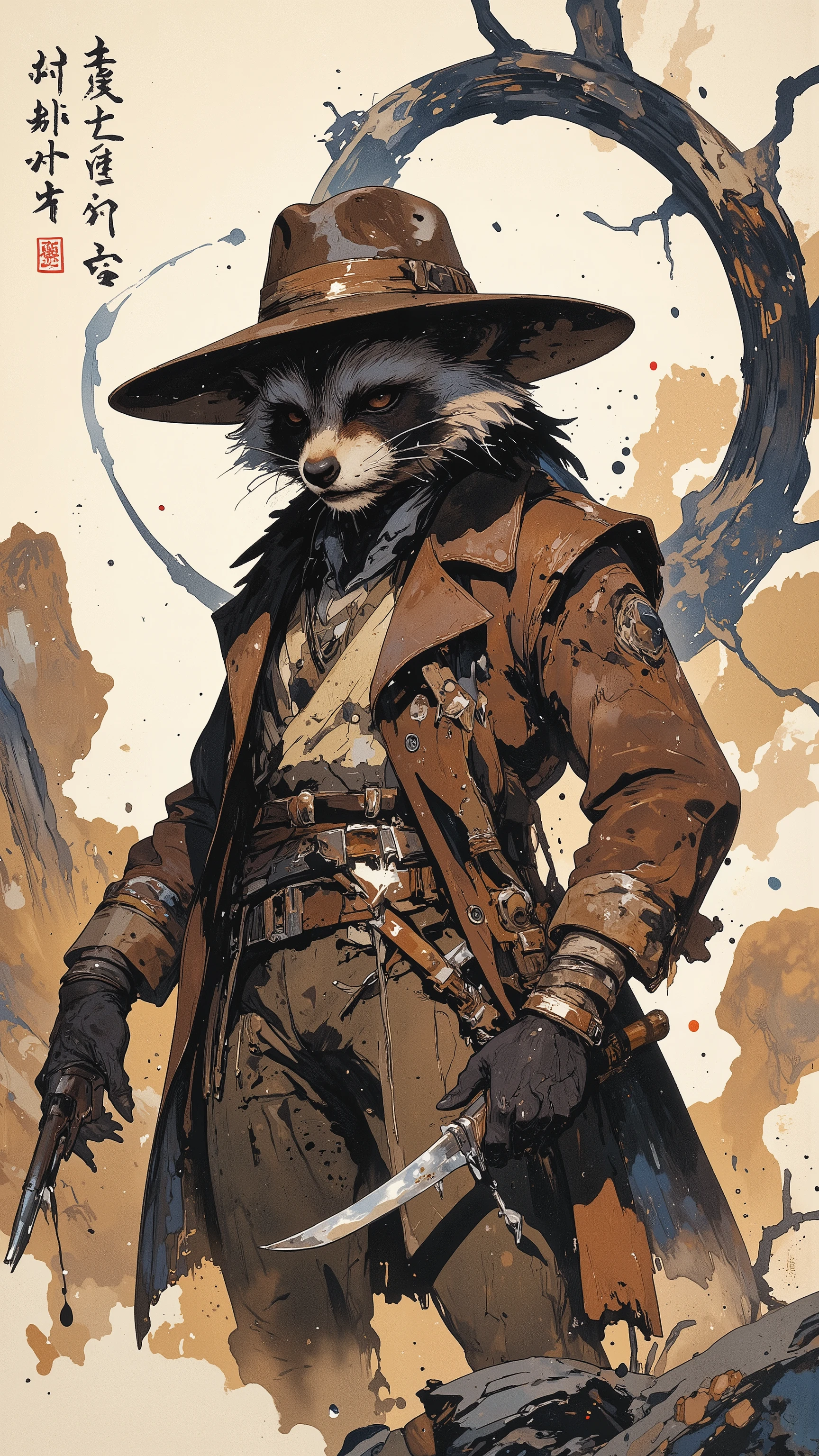 (The raccoon is showing his back and Fully facing backwards ),(raccoon ,Western Gunman,vintage),(aura:1. Hi 3) ,ArsMJStyle、(Zen ink wash painting)、ランダムなシチュエーション, ArsMJStyle、(Zen ink wash painting)