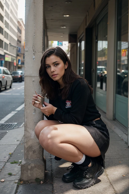 ((best quality)), ((masterpiece)), (detailed), perfect face.8k, highest quality, ultra details. Beautiful Colombian girl, whose age 25 years old and social media influencer, red hair, showing cleavage, Looking bold and attractive. 1girl, solo, shoes, long_hair, sneakers, hood, motor_vehicle, ground_vehicle, car, looking_at_viewer, road, squatting and spread legs, Red hair, yellow_hoodie, outdoors, pantyhose, jewelry, earrings, street, bag, black_hair, hoodie, nike, white_footwear, hood_down, sleeves_past_wrists, jacket, realistic, long hair, hair_over_one_eye, sitting, backpack, red_hair, blurry_background, big breast. During night time, yellow super cars background.